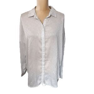 Worthington Gray White Striped Semi Sheer Blouse Womens L Oversized